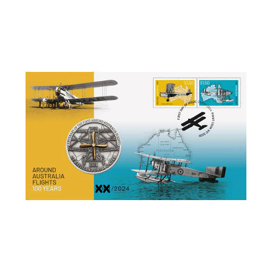 2024 Around Australia Flights 100 Years Limited Edition Medallion & Stamp Cover PNC