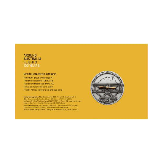 2024 Around Australia Flights 100 Years Limited Edition Medallion & Stamp Cover PNC Insert