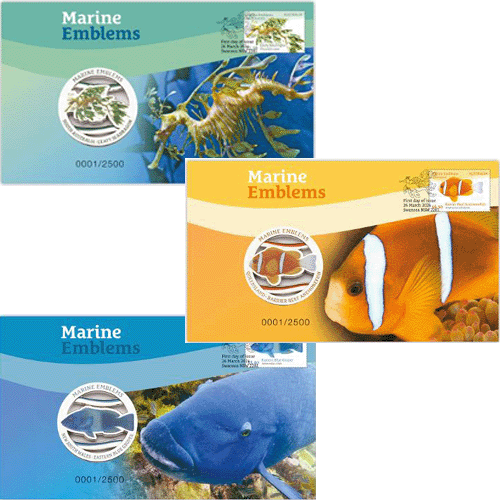 2024 Marine Emblems - Leafy Seadragon, Groper, Anemone Medallion & Stamp Cover PNC - Set of 3