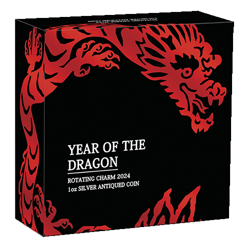 2024 $1 Year of the Dragon Rotating Charm 1oz Silver Antiqued Coin Shipper