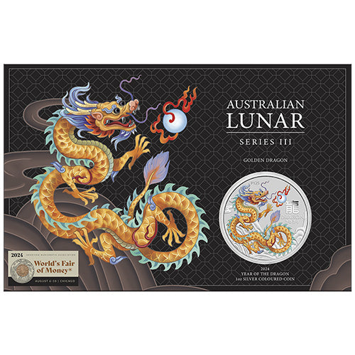 2024 $1 Year of the Dragon Silver Golden Coloured 1oz Silver World Money Fair - ANA Special
