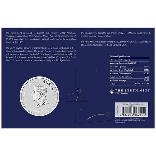 2025 $1 ANA Coin Show Australian Koala with Bison Privy 1oz Silver Coloured Coin in Card
