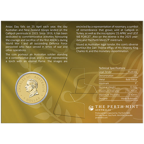 2025 $1 ANZAC Day Uncirculated Coin in Card
