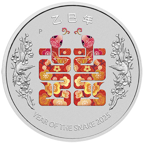2025 $1 Year of the Snake Double Happiness 1oz Silver Coloured Coin in Card - Perth Stamp & Coin Show Special