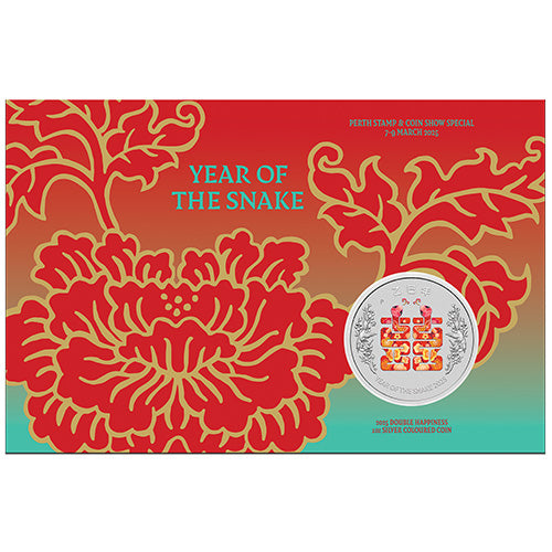 2025 $1 Year of the Snake Double Happiness 1oz Silver Coloured Coin in Card - Perth Stamp & Coin Show Special