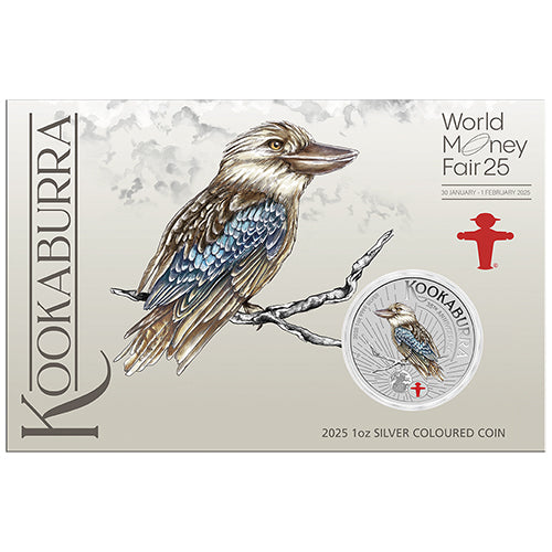 2025 $1 World Money Fair Berlin Show Special Australian Kookaburra with Amplemann Privymark 1oz Silver Coloured Coin in Card