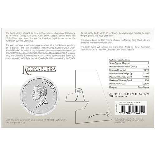2025 $1 World Money Fair Berlin Show Special Australian Kookaburra with Amplemann Privymark 1oz Silver Coloured Coin in Card