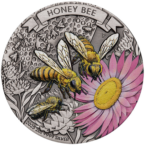 2025 $2 Honey Bee 2oz Silver Antiqued Coloured Coin