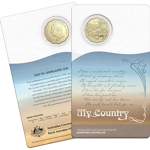 2025 50c Dorothea Mackellar - Treasured Australian Poetry - My Country Uncirculated Coin in Card