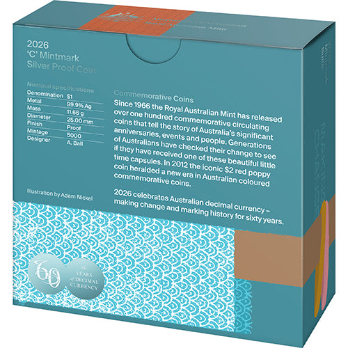 2026 $1 60th Anniversary of Decimal Currency C Mintmark Fine Silver Proof Coin