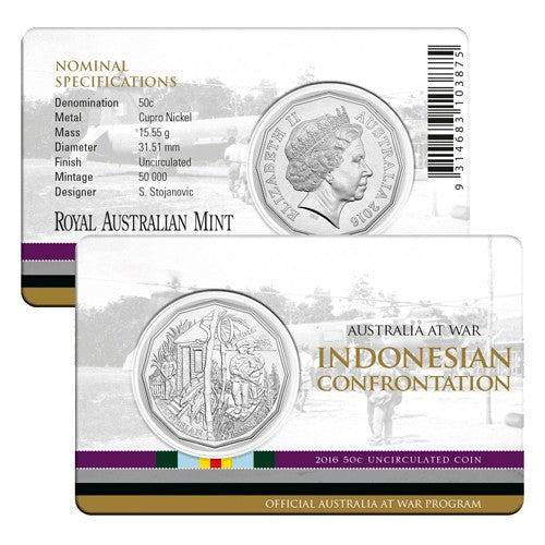 2016 50c Australia at War Series - Indonesian Confrontation Unc Coin in Card