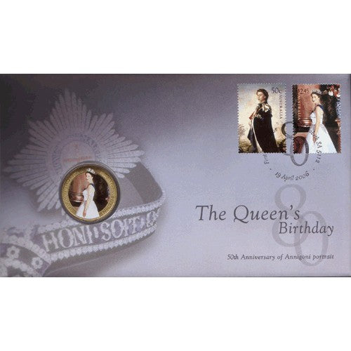 2006 50c Queen Elizabeth II 80th Birthday Coin & Stamp Cover PNC