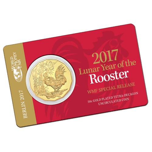 2017 50c WMF Gold Plated Year of the Rooster Tetra-Decagon Coin in Card