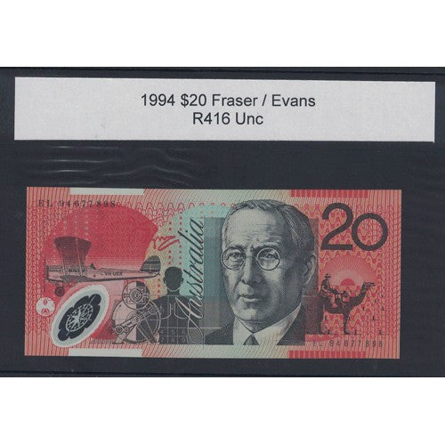1994 $20 R416 Fraser / Evans General Prefix Uncirculated Polymer Australian Banknote
