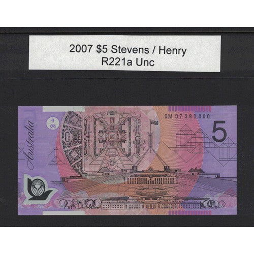 2007 $5 R221a Stevens / Henry General Prefix Uncirculated Polymer Australian Banknote