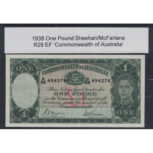 1938 One Pound R29 Sheehan / McFarlane General Prefix EF Paper Australian Banknote