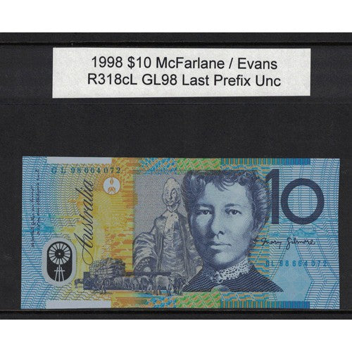 1998 $10 R318cL McFarlane  / Evans GL98 Last Prefix Uncirculated Polymer Australian Banknote