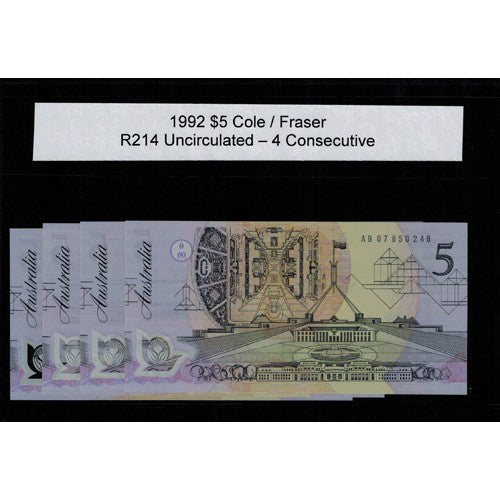 1992 $5 R214 Cole / Fraser General Prefix Consecutive Run of 4 Uncirculated Polymer Australian Banknote