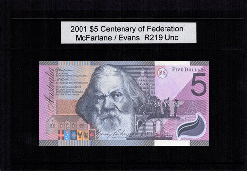 2001 $5 R219 McFarlane / Evans Centenary of Federation General Prefix UNC Australian Banknote