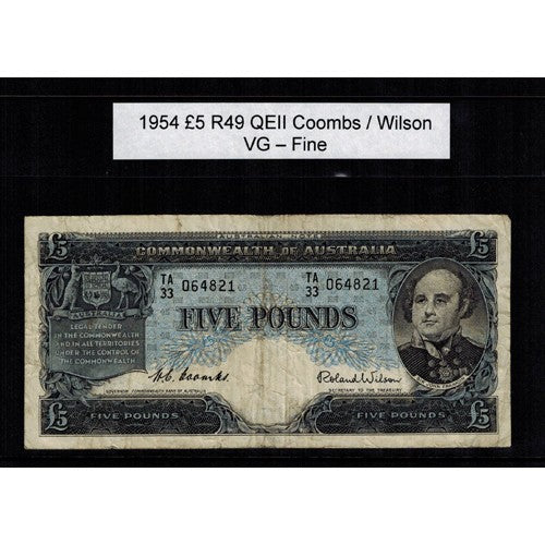 1954 Five Pound R49 Coombs / Wilson General Prefix VG - Fine Paper Australian Banknote