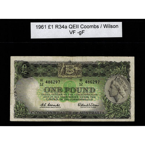 1961 One Pound R34a Coombs / Wilson General Prefix VF-GF Paper Australian Banknote