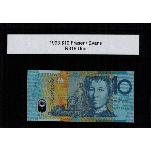 1993 $10 R316a Fraser / Evans General Prefix Uncirculated Polymer Australian Banknote