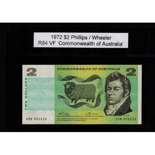 1972 $2 R84 Phillips / Wheeler General Prefix VF Paper Australian Banknote