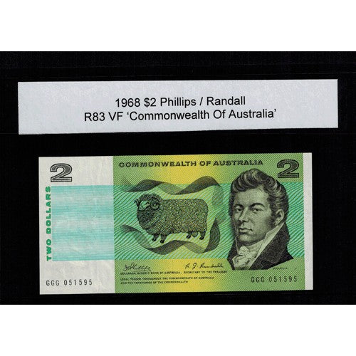 1968 $2 R83 Phillips / Randall General Prefix VF Paper Australian Banknote