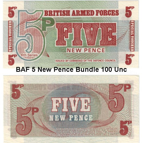 British Armed Forces 5 New Pence Bundle 100 Uncirculated Banknotes
