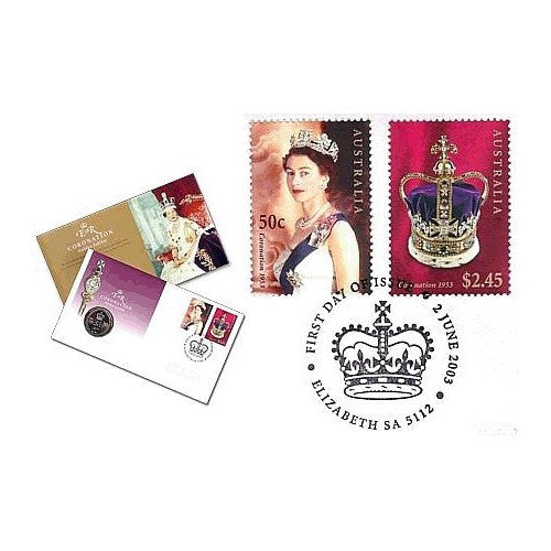 2003 50c Queens Coronation Coin & Stamp Cover PNC