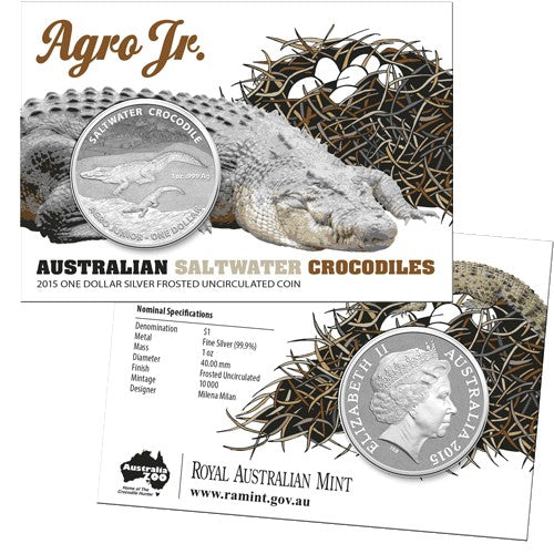 2015 $1 Australian Saltwater Crocodiles - Agro Junior 1oz Fine Silver Coin in Card