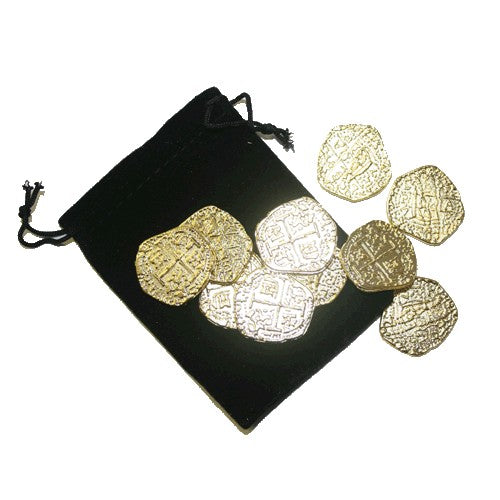 Pirate Gold with Black Velvet Bag Metal Doubloon Pieces of Eight 10pcs