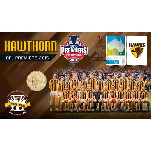 2015 $1 AFL Hawthorn Hawks Premiers Coin & Stamp Cover PNC