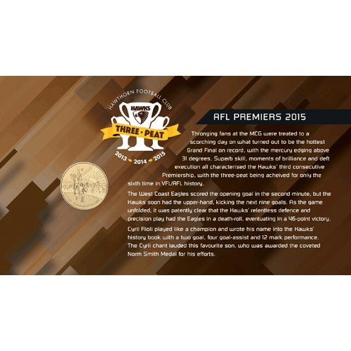 2015 $1 AFL Hawthorn Hawks Premiers Coin & Stamp Cover PNC