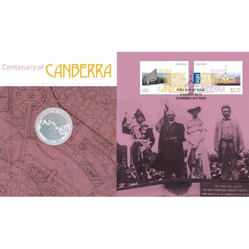 2013 20c Centenary of Canberra Coin & Stamp Cover PNC