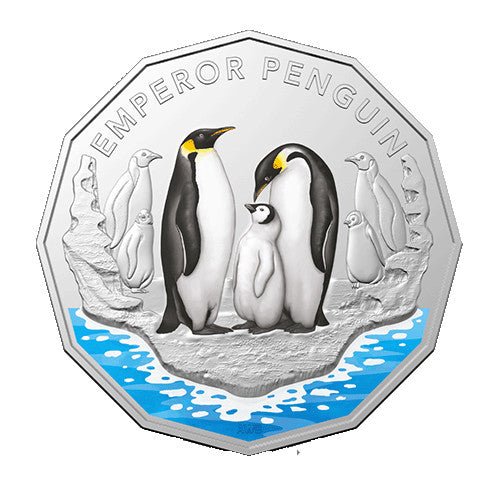 2023 50c Australian Antarctic Territory - Emperor Penguin Coloured Uncirculated Coin in Card