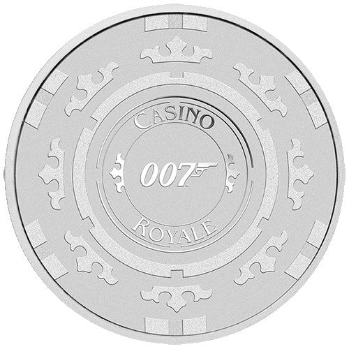 2023 $1 James Bond Casino Royale Casino Chip 1oz Silver Coloured Coin in Card Coin Obverse