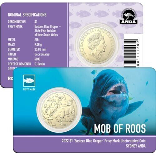 2022 $1 ANDA Sydney Money Expo Mob of Roos Eastern Blue Groper Privymark Unc Coin