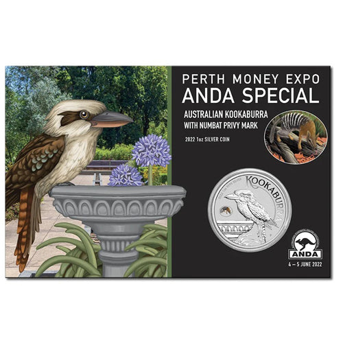 2022 $1  Perth Money Expo ANDA Kookaburra with Numbat Privy Mark 1oz Silver Bullion BU Coin in Card