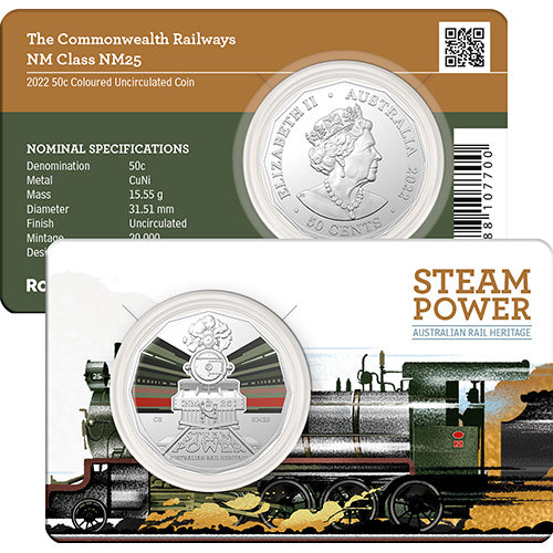 2022 50c Australian Steam Trains Coloured Uncirculated Coins - Commonwealth Railways NM Class NM25