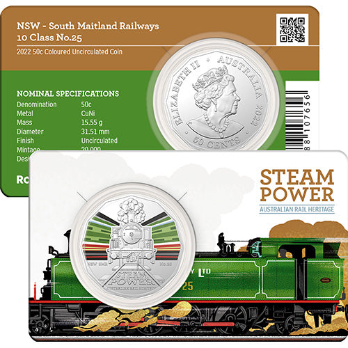 2022 50c Australian Steam Trains Coloured Uncirculated Coins - NSW South Maitland Railways 10 Class No.25
