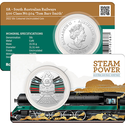 2022 50c Australian Steam Trains Coloured Uncirculated Coins - SA South Australian Railways 500 Class No.504 Tom Barr smith