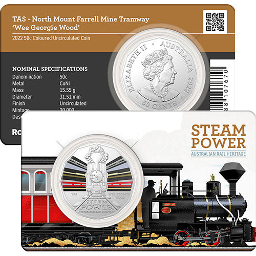 2022 50c Australian Steam Trains Coloured Uncirculated Coins - TAS North Mount Farrell Mine Tramway Wee Georgie Wood