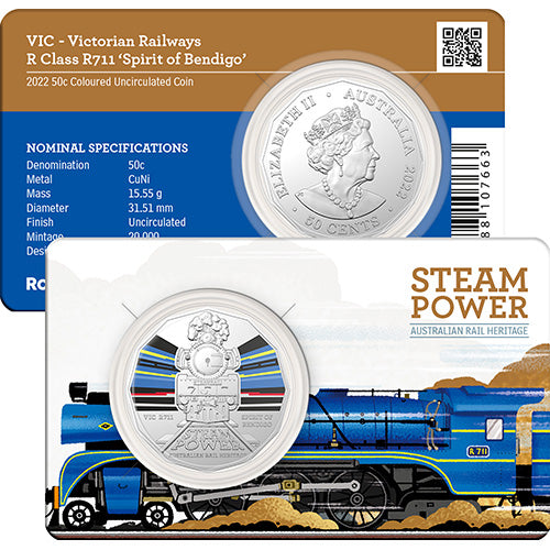 2022 50c Australian Steam Trains Coloured Uncirculated Coins - VIC Victorian Railways R Class R711 Spirit of Bendigo