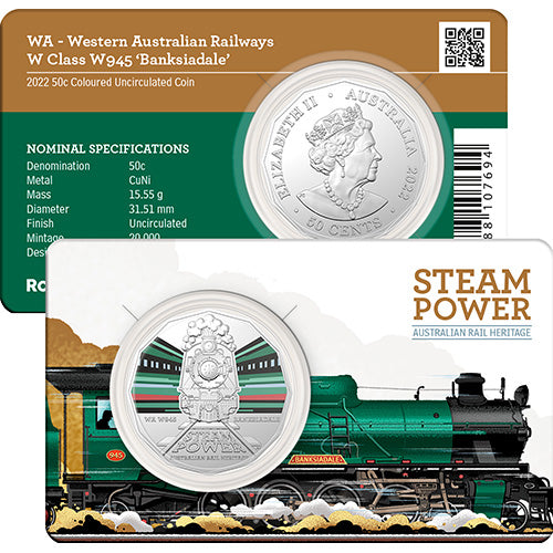 2022 50c Australian Steam Trains Coloured Uncirculated Coins - WA Western Australian Railways W Class W945 Banksiadale
