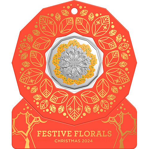 2024 50c Christmas Decoration - Festive Floral Uncirculated Cu/Ni Coloured Coin in Card