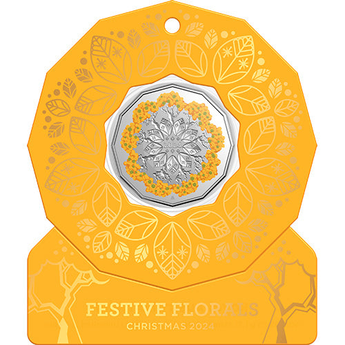 2024 50c Christmas Decoration - Festive Floral Uncirculated Cu/Ni Coloured Coin in Card