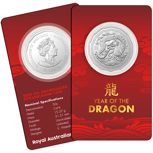 2024 50c Year of the Dragon Tetra Decagon Uncirculated Coin in Card Front and Back