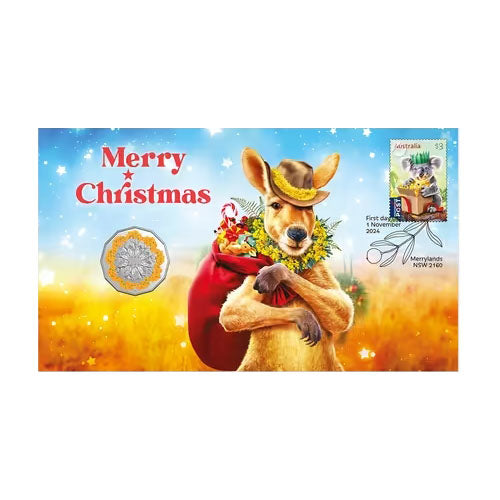 2024 50c Merry Christmas Coloured Uncirculated Coin - Kangaroo Coin & Stamp Cover PNC