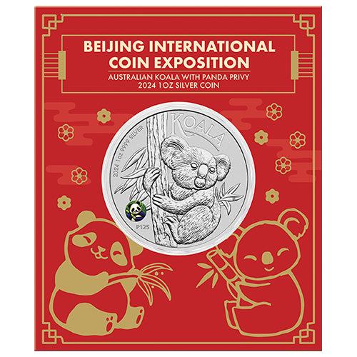 2024 $1 Beijing International Coin Exposition Australian Koala with Panda Privy 1oz Silver Coin in Card